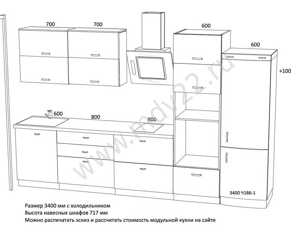 Чертеж кухонной мебели с размерами